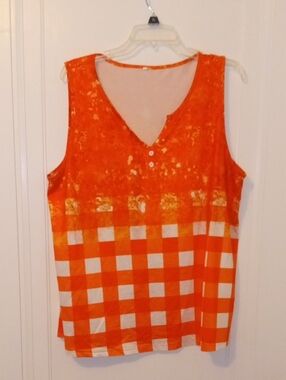 Women's 2x Orange Checked Sleeveless Top, vneck